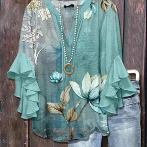 Women Floral Half Sleeve Shirt Summer Printing V Neck Daily Casual Top, JustFashionNow Shirts, color:Cyan|size:4XL,