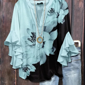 V Neck Half Sleeve Floral Printing Regular Loose Shirt For Women, Blouses, color:Cyan|size:4XL, catalog Noracora shop