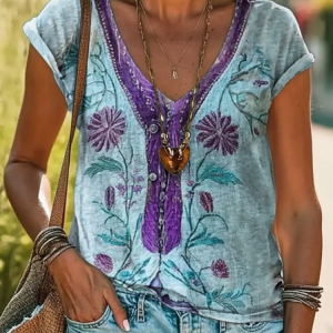 Women Floral Short Sleeve Tee T-shirt V Neck Printing Casual Summer Graphic Tee Top, JustFashionNow T-Shirts, color:Blue|size:4XL