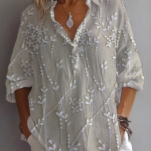 Shirt Collar Long Sleeve Floral Printing Regular Loose Shirt For Women, Blouses, color:Light Khaki|size:5XL, catalog Noracora shop