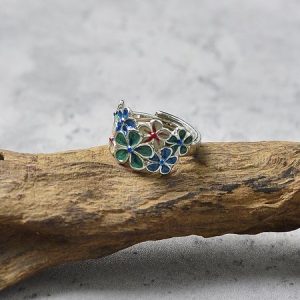 Exquisite Open Enamel Creative Retro Color Flower Ring Ethnic Style Classical Open Adjustable Ring, JustFashionNow Rings, color:Silver|size:One-size,