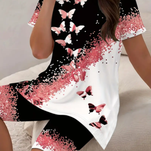 Women Butterfly Printing Two-Piece Set Daily Short Sleeve Casual Summer Top With Pants Matching Set, JustFashionNow Suit Set, color:As Picture|size:XXL,
