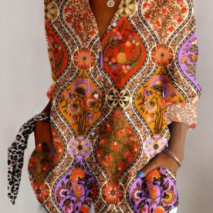 V Neck Long Sleeve Floral Regular Micro-Elasticity Regular Fit Shirt For Women, Shirts, color:Multicolor|size:5XL, catalog Noracora shop