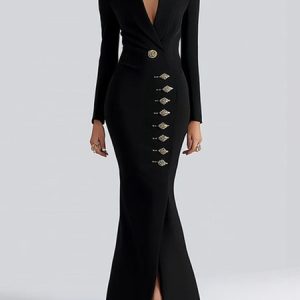 Elegant Plain Buttoned Lapel Collar Maxi Dress, Maxi Dresses, color:Black|size:XXL, Stylewe