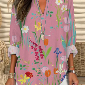 Women Floral Long Sleeve Blouse Spring/Fall Printing V Neck Daily Casual Top, JustFashionNow Shirts, color:Pink|size:5XL,