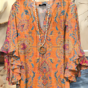 Women Floral Half Sleeve Shirt Summer Printing V Neck Daily Casual Top, JustFashionNow Shirts, color:Orange|size:5XL,