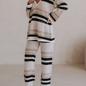Women Geometric Two-Piece Set Daily Long Sleeve Casual Spring/Fall Top With Pants Matching Set, Jumpsuits&Rompers, color:As Picture|size:XXL, catalog Noracora shop