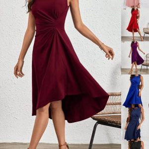 Women Plain Summer Split Joint Dress Crew Neck Sleeveless Tank A-Line Dress, Dresses, color:Wine Red|size:XL, catalog Noracora shop