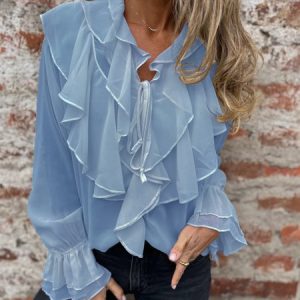 V Neck Long Sleeve Plain Regular Micro-Elasticity Regular Fit Shirt For Women, Shirts, color:Blue|size:XL, catalog Noracora shop