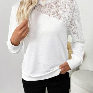 Casual Crew Neck Floral Sweatshirt, Sweaters, color:White|size:XL, catalog Noracora shop