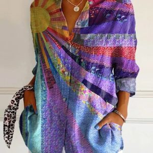 V Neck Long Sleeve Geometric Regular Micro-Elasticity Regular Fit Shirt For Women, Shirts, color:Purple|size:5XL, catalog Noracora shop