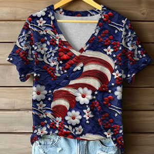 Women Floral Short Sleeve Tee T-shirt V Neck Printing Casual Summer Graphic Tee Top, JustFashionNow T-Shirts, color:As Picture|size:4XL