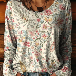 Women Floral Long Sleeve Tee T-shirt Crew Neck Printing Casual Spring/Fall Graphic Tee Top, JustFashionNow T-Shirts, color:Apricot|size:XXL,
