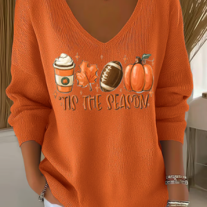 Women Text Letters Long Sleeve Tee T-shirt V Neck Printing Casual Spring/Fall Top, JustFashionNow T-Shirts, color:Orange|size:4XL