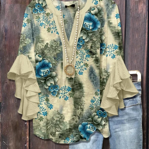 Women Floral Half Sleeve Shirt Summer Printing V Neck Daily Casual Top, JustFashionNow Shirts, color:Beige|size:5XL,