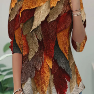 Casual Leaf Crew Neck Long Sleeve T-shirt, T-shirts, color:Brown|size:XXL, catalog Noracora shop