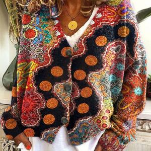 Women Abstract Printing Long Sleeve V Neck Casual Spring/Fall Cardigan Outerwear, JustFashionNow Cardigans, color:As Picture|size:5XL,