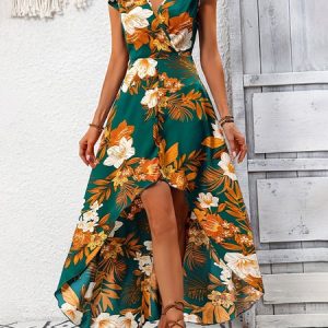 Women Plain Short Sleeve Summer Printing Dress V Neck Ruffle Sleeve Daily Vintage Maxi Tank A-Line Dress, JustFashionNow Dresses, color:Green|size:XL,