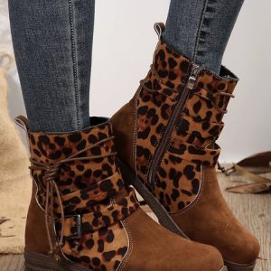 Vintage Color Block Zipper Low Heel Straight Boots, Shoes, color:Leopard|size:43, catalog Noracora shop