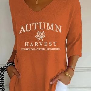 Vintage Letter Pattern V Neck Three Quarter Sleeve T-shirt, T-shirts, color:Orange|size:5XL, catalog Noracora shop