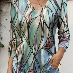 Casual Abstract V Neck Long Sleeve T-shirt, T-shirts, color:Green|size:XXL, catalog Noracora shop