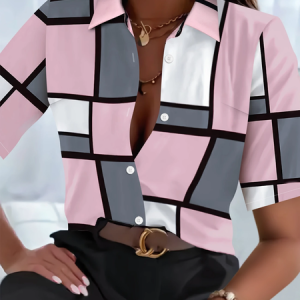 Women Plaid Short Sleeve Shirt Summer Printing Shirt Collar Daily Casual Top, JustFashionNow Shirts, color:Pink|size:5XL,