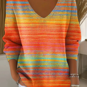 Women Ombre Spring/Fall Casual Long Sleeve V Neck Cotton Sweater, JustFashionNow Sweaters, color:As Picture|size:4XL,