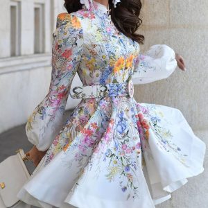 French Style Floral Print Stand Collar Lantern Sleeve Mixed-shape Button Down Dress Elegant Palace Style Cinched Waist Umbrella Hem Dress with Belt, women Print Dresses, ChicMe catalog