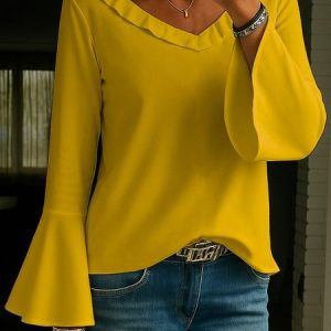 Casual Plain V Neck Long Sleeve T-shirt, T-shirts, color:Yellow|size:3XL, catalog Noracora shop