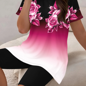 Women Floral Printing Two-Piece Set Daily Short Sleeve Casual Summer Top With Pants Matching Set, JustFashionNow Suit Set, color:Black-purple|size:XXL,