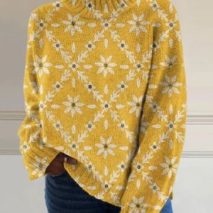 Women Floral Long Sleeve Comfy Casual Sweater, Sweaters, color:Yellow|size:3XL, catalog Noracora shop