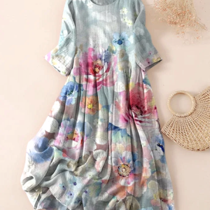 Women Floral Spring/Fall Dress Crew Neck Three Quarter Sleeve A-Line Dress, Maxi, color:Light Blue|size:5XL, catalog Noracora shop