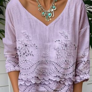 Vintage Floral V Neck Long Sleeve T-shirt, T-shirts, color:Purple|size:XXL, catalog Noracora shop
