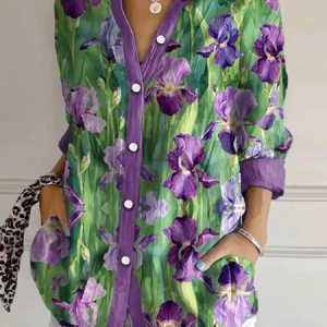 Women Floral Long Sleeve Shirt Spring/Fall Buckle Shirt Collar Daily Casual Top, JustFashionNow Shirts, color:Purple|size:5XL,