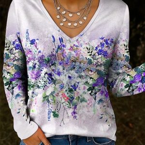 V Neck Long Sleeve Floral Regular Micro-Elasticity Loose Blouse For Women, T-shirts, color:Purple|size:XXL, catalog Noracora shop