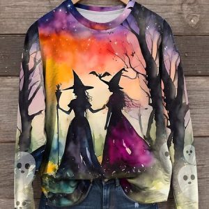 Halloween Witch Art Pattern Casual Crew Neck Sweatshirt, Hoodies & Sweatshirts, color:Color2|size:XXL, catalog Noracora shop