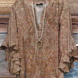 Women Floral Half Sleeve Shirt Summer Printing V Neck Daily Casual Top, JustFashionNow Shirts, color:Light Brown|size:5XL,