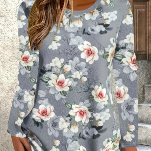 Women Floral Long Sleeve Tee T-shirt Crew Neck Printing Casual Spring/Fall Graphic Tee Top, JustFashionNow T-Shirts, color:Gray|size:XXL,