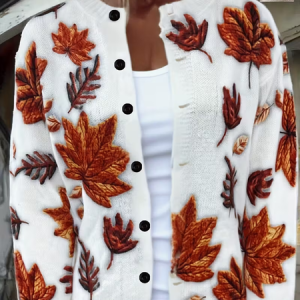 Women Maple Leaf Printing Long Sleeve Crew Neck Vintage Spring/Fall Cardigan Outerwear, JustFashionNow Cardigans, color:White|size:5XL,