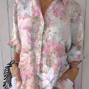 Shirt Collar Three Quarter Sleeve Floral Printing Regular Loose Button Up Shirt Shirt For Women, Shirts, color:Pink|size:5XL, catalog Noracora shop