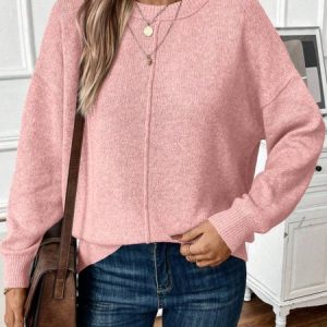 Women Plain Long Sleeve Comfy Casual Sweater, Sweaters, color:Pink|size:XL, catalog Noracora shop