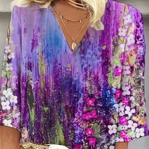 Women Floral Three Quarter Sleeve Blouse Spring/Fall Printing V Neck Daily Casual Top, JustFashionNow Blouses, color:Purple|size:4XL,
