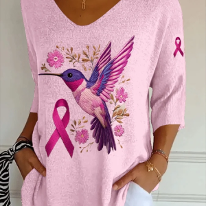 Women Pink Ribbon Floral Three Quarter Sleeve Tee T-shirt V Neck Printing Casual Spring/Fall Graphic Tee Top, JustFashionNow T-Shirts, color:Pink|size:5XL,