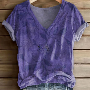 Women Floral Short Sleeve Tee T-shirt V Neck Printing Casual Summer Graphic Tee Top, JustFashionNow T-Shirts, color:Purple|size:4XL,