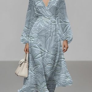 Women Floral Puff Sleeve Spring/Fall Dress V Neck Long Sleeve A-Line Dress, Dresses, color:Light Blue|size:4XL, catalog Noracora shop