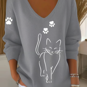 Casual Cute Cat Print V Neck Long Sleeve T-shirt, Sweaters, color:Gray|size:5XL, catalog Noracora shop