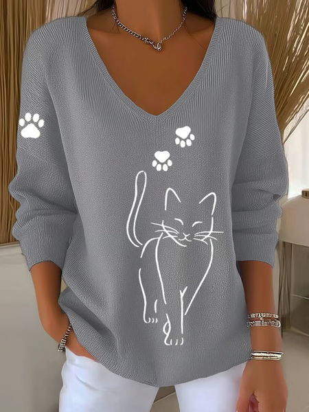 Women Plain Long Sleeve Tee T-shirt V Neck Casual Spring/Fall Top, JustFashionNow T-Shirts, color:Gray|size:5XL,