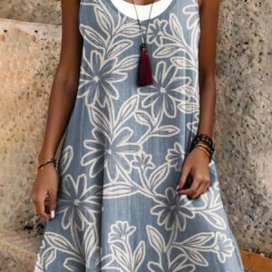 Women Floral Summer Dress Crew Neck Sleeveless A-Line Dress, Dresses, color:Purplish Blue|size:3XL, catalog Noracora shop