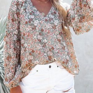 Women Floral Long Sleeve Shirt Spring/Fall Printing V Neck Balloon Sleeve Daily Casual Top, JustFashionNow Blouses, color:Multicolor|size:3XL,