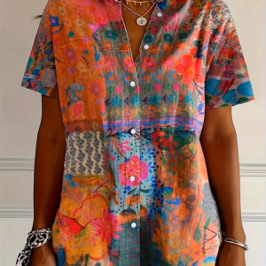 Women Floral Short Sleeve Shirt Summer Printing Shirt Collar Daily Casual Top, JustFashionNow Shirts, color:Orange|size:5XL,